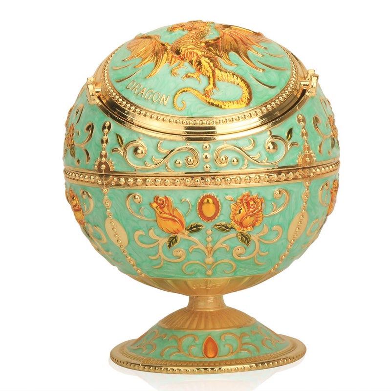 K COOL Pterosaur Windproof Ashtray with Flip Lid for Cigarette Metal Portable Smoking Tobacco Ashtray Indoor Outdoor, Handicrafts Rose Pattern Classy Gift for Women Men (Jade Green- Golden) - Image 1